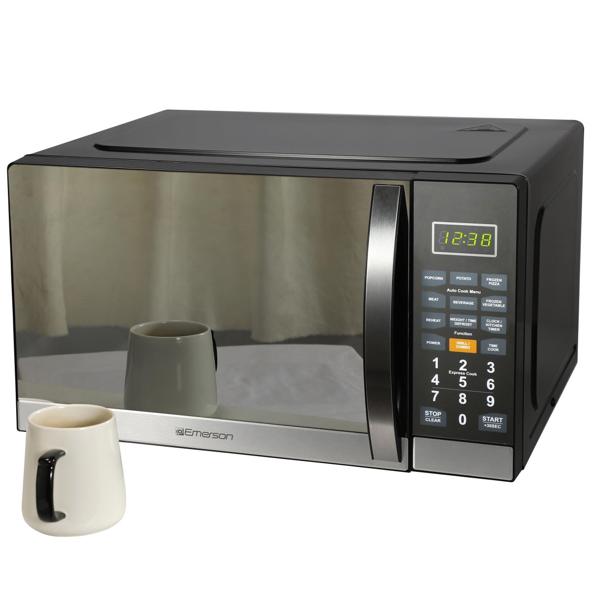 NEW - Emerson 1.1 CF, 1100W, Stainless Steel, Mirror Finish, Microwave Oven With Grill