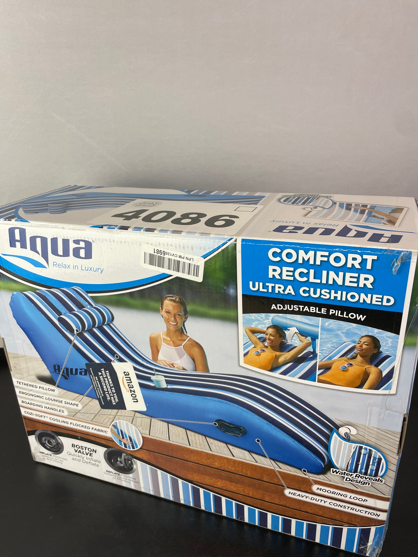 Aqua Ultra-Comfort Floating Pool Chair & Lake Raft with Pillow – 1-Person Heavy Duty Pool Float, Lake Floating Chair – Navy/White Stripe - Retail $65