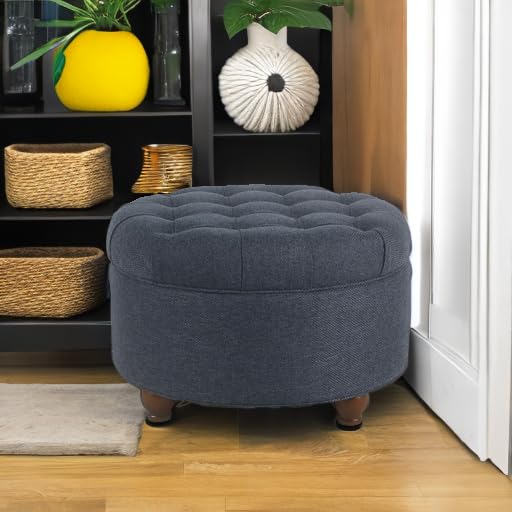 Homepop Home Decor | Large Button Tufted Woven Round Storage Ottoman for Living Room & Bedroom (Navy Woven) 25 inch D x 25 inch W x 15 inch H - Retail $142