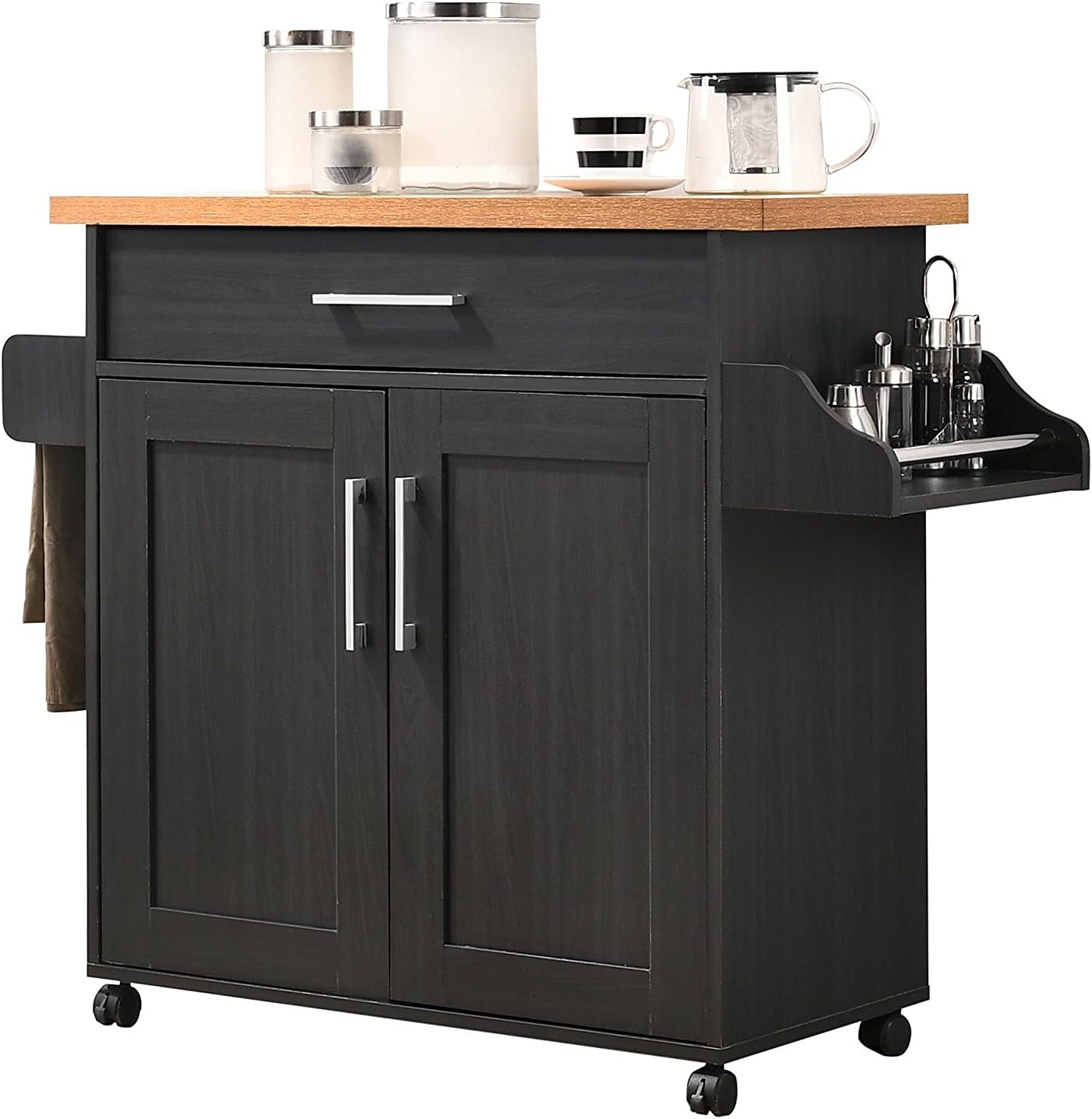 Hodedah Kitchen Island with Spice Rack, Towel Rack & Drawer, Black with Beech Top - Retail $95