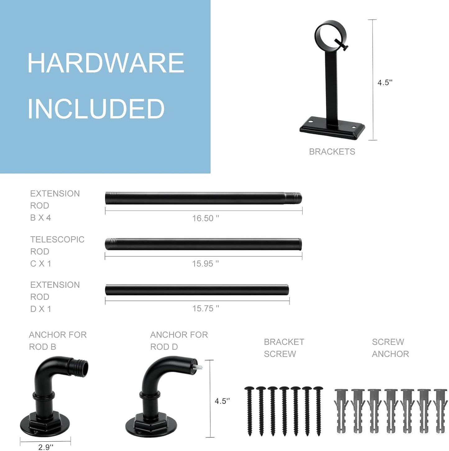 Curtain Rods for Windows 16 to 88 Inches Adjustable Blackout Wrap Around 1 Inch Diameter Curtain Rod, Black