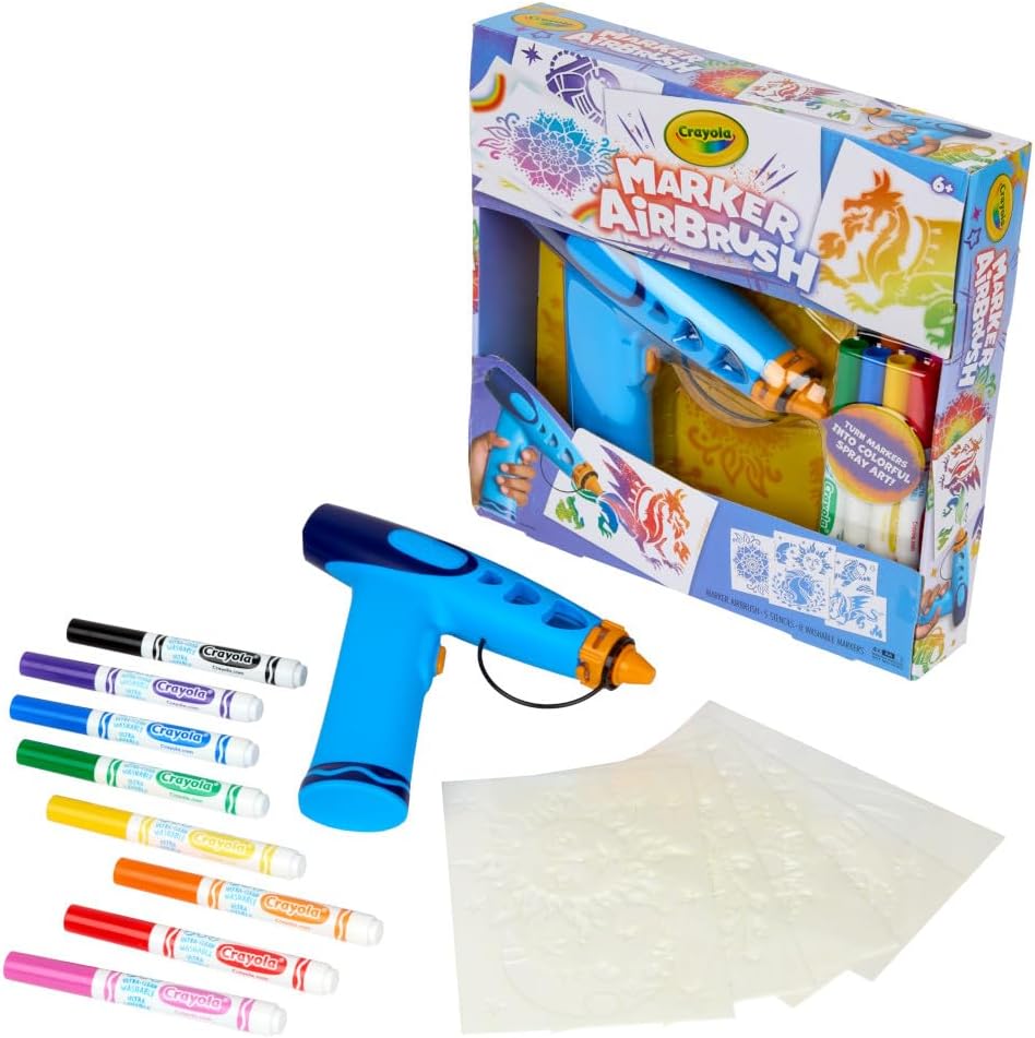 Crayola Marker Airbrush Spray Art Kit, Battery-Powered Sprayer with 8 Washable Markers & 5 Stencils, DIY Craft Set for Kids, Gift for Boys & Girls, Ages 6+
