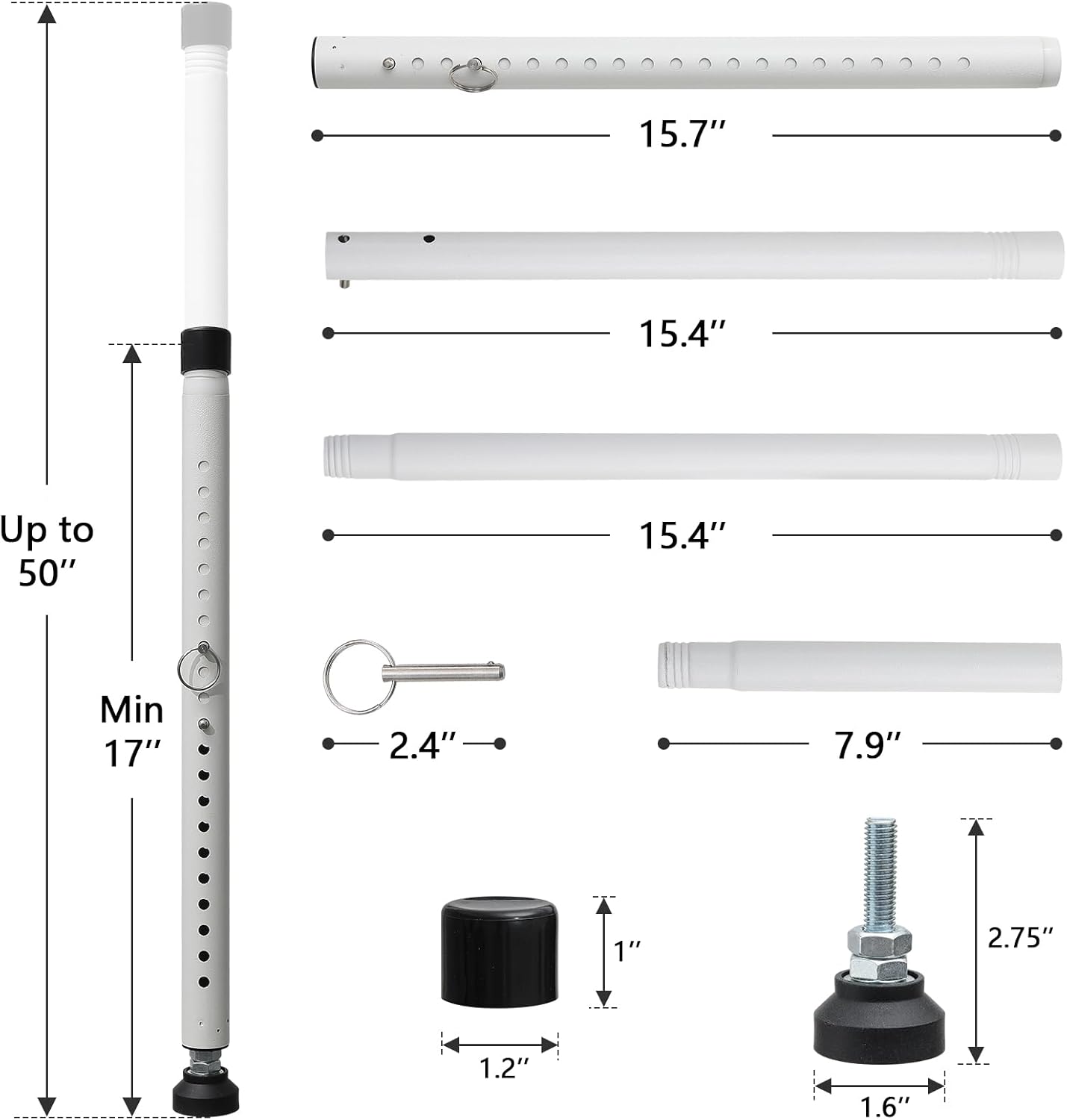DIIG Sliding Door Security Bar,17.7-50.5inch Adjustable Locking Window Safety Bar with Rubber Tips,Diameter 1inch Window Security Bar for Home Apartment Travel (White)