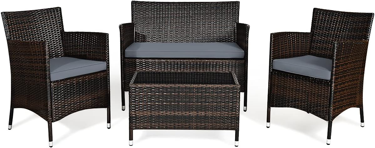 NEW - Goplus 4-Piece Rattan Patio Set, Outdoor/Indoor Wicker Conversation Set for Pool, Backyard, Lawn, Wicker Chairs and Sofa with Soft Cushion, Rattan Furniture with Tempered Glass Coffee Table - Retail $210