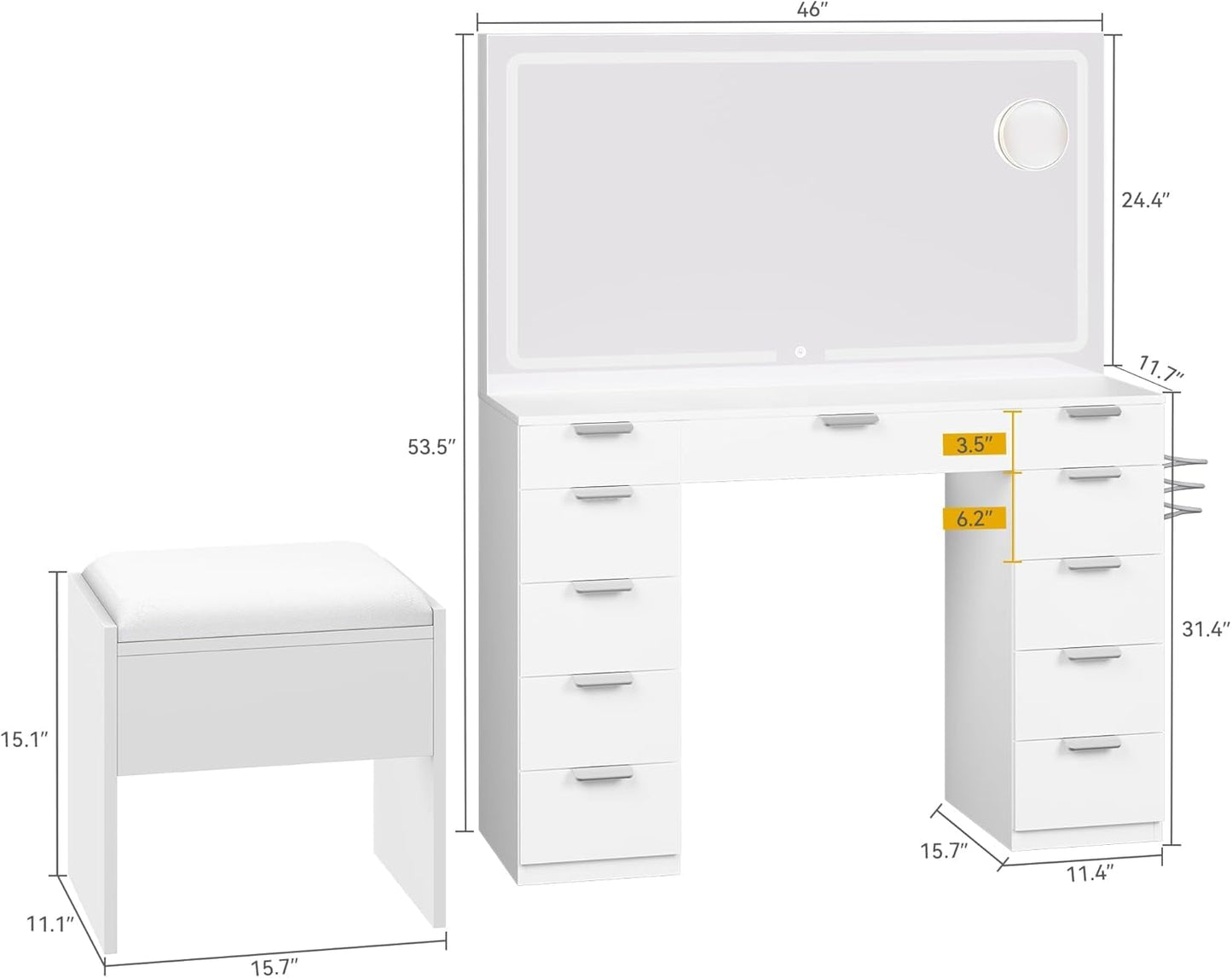 NEW - DWVO Wooden Makeup Vanity Desk Set with XL LED Mirror and Power Outlets, 11-Drawer Dressing Table with Storage Bench and Magnifying Glass for Bedroom, Pearl White - Retail $299