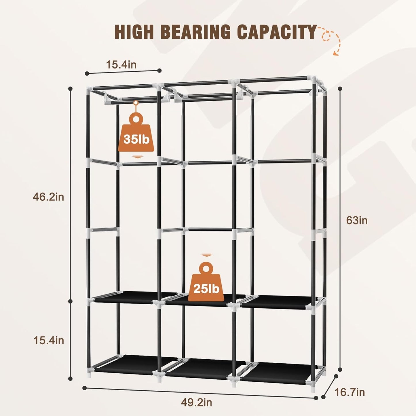 Wardrobe Closet,Portable Closets for Hanging Clothes,Free Standing Clothes Rack with Cover & 3 Hanging rods & 6 Storage Shelves & 2 Side Pockets