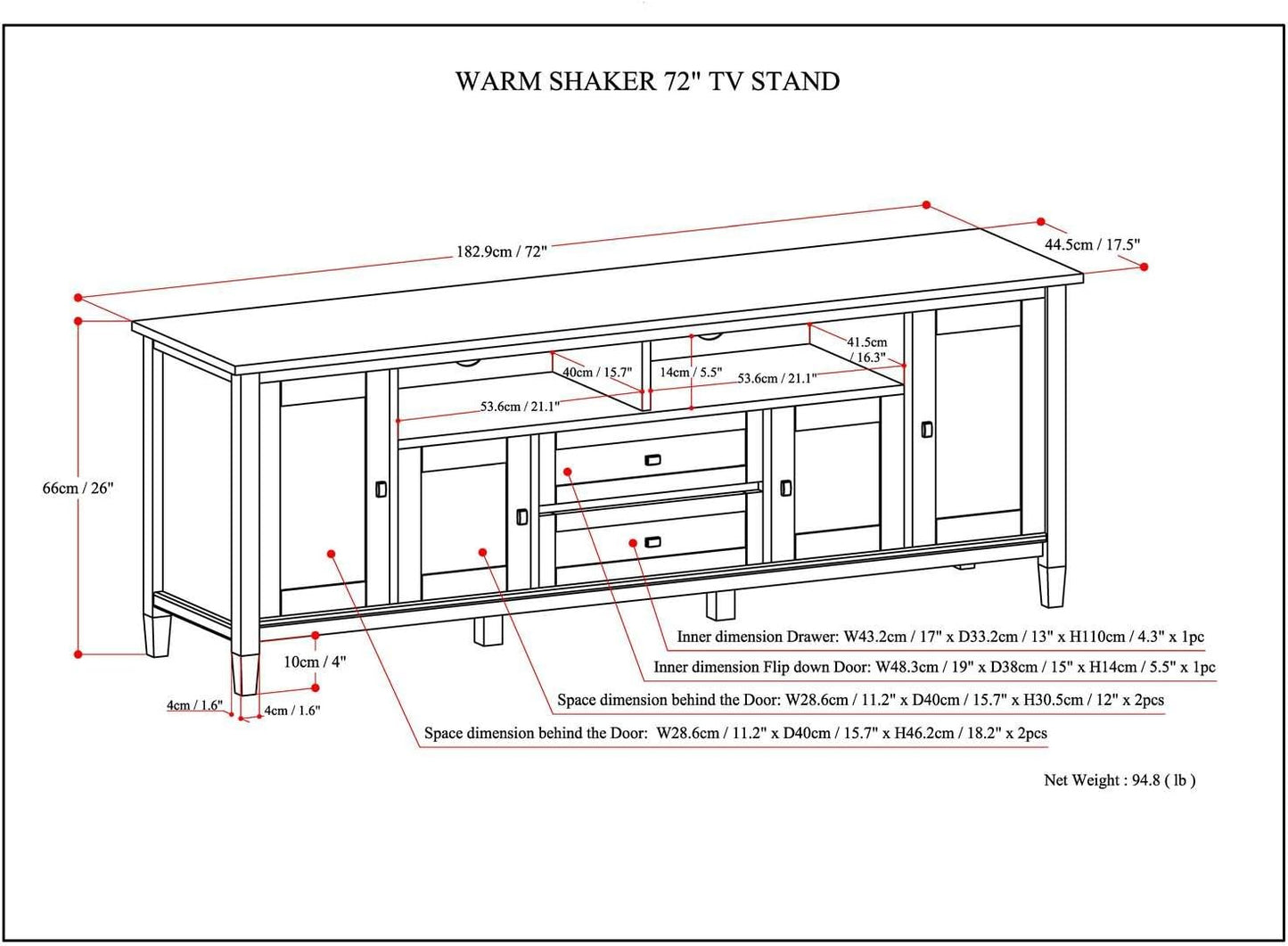 NEW - SIMPLIHOME Warm Shaker SOLID WOOD Universal TV Media Stand, 72 inch Wide, Farmhouse Rustic, Living Room Entertainment Center, Storage Shelves and Cabinets, for Flat Screen TVs up to 80 inches in White - Retail $539