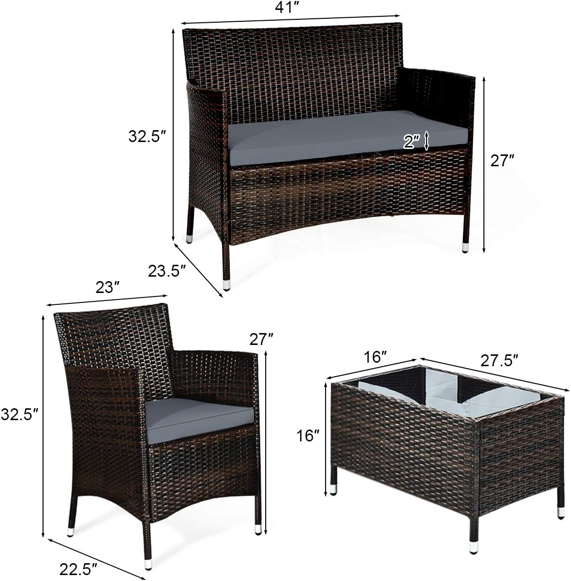 NEW - Goplus 4-Piece Rattan Patio Set, Outdoor/Indoor Wicker Conversation Set for Pool, Backyard, Lawn, Wicker Chairs and Sofa with Soft Cushion, Rattan Furniture with Tempered Glass Coffee Table - Retail $210