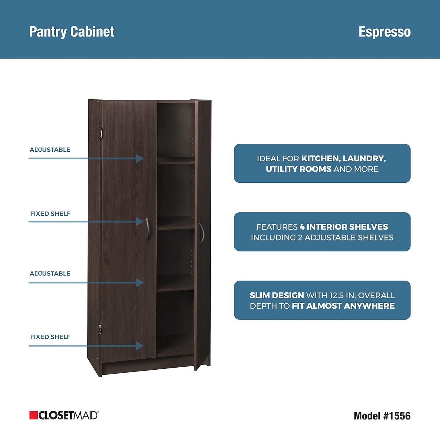 ClosetMaid Pantry Cabinet Cupboard with 2 Doors, Adjustable Shelves Standing, Storage for Kitchen, Laundry, or Utility Room, Espresso - Retail $165