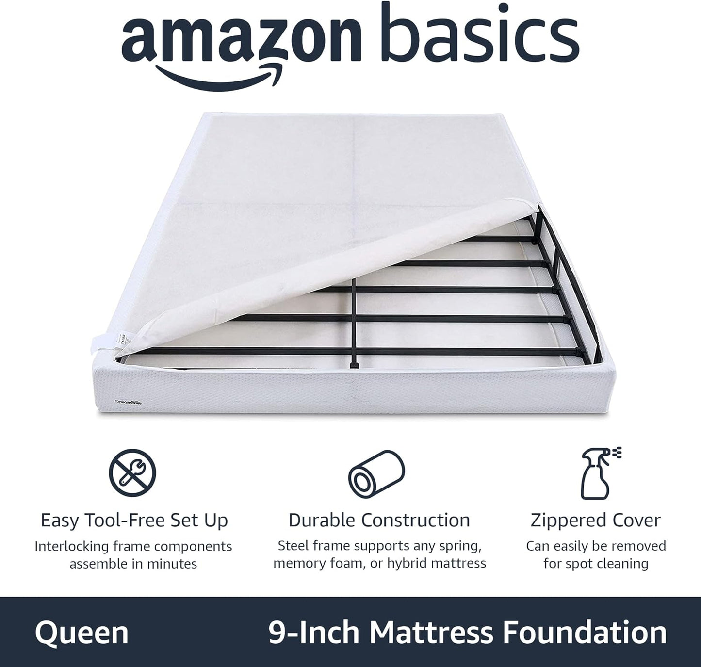Amazon Basics Smart Box Spring Bed Base, 9 Inch Mattress Foundation, Tool-Free Easy Assembly, Queen, White - Retail $139