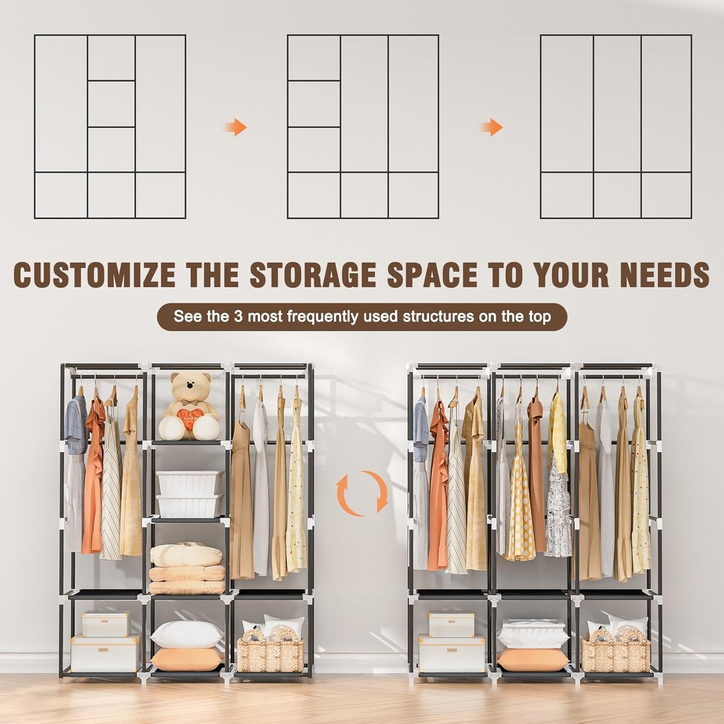 Wardrobe Closet,Portable Closets for Hanging Clothes,Free Standing Clothes Rack with Cover & 3 Hanging rods & 6 Storage Shelves & 2 Side Pockets