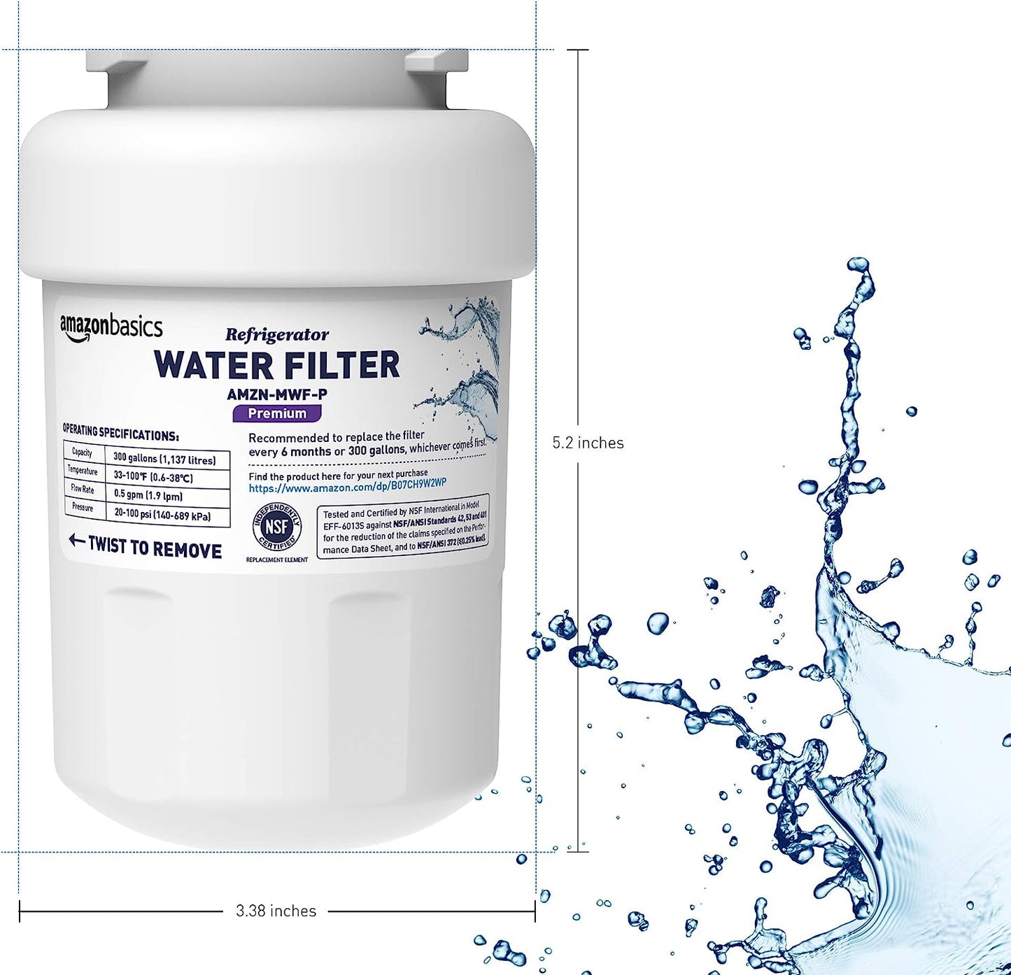 NEW - Amazon Basics Replacement GE MWF Refrigerator Water Filter Cartridge - Pack of 3, Premium Filtration - Retail $65