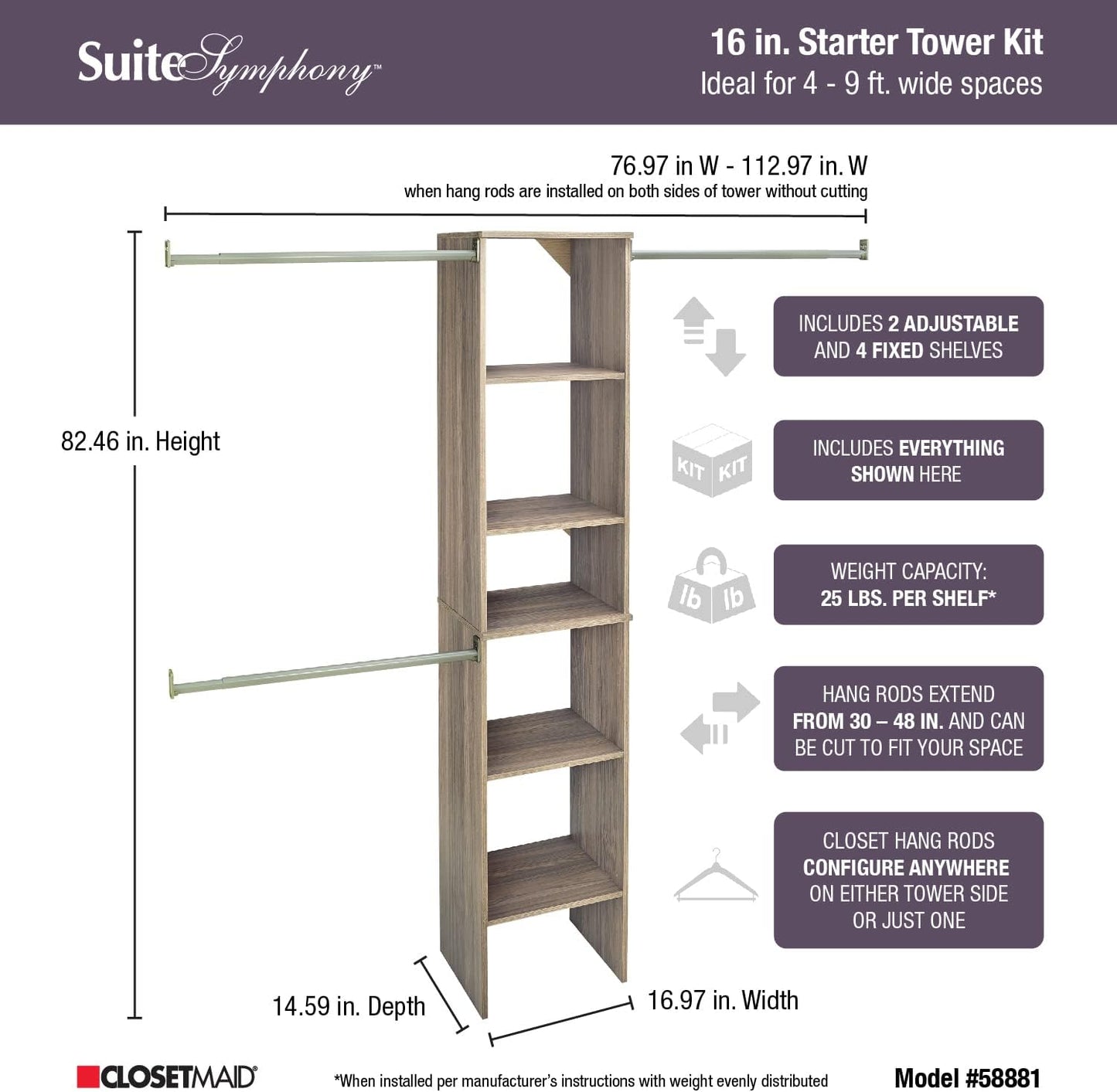 NEW w/ dmg - ClosetMaid SuiteSymphony Wood Closet Organizer Starter Kit with Tower and 3 Hang Rods Shelves, Adjustable, Fits Spaces 4 – 9 ft. Wide, Natural Gray, 16"