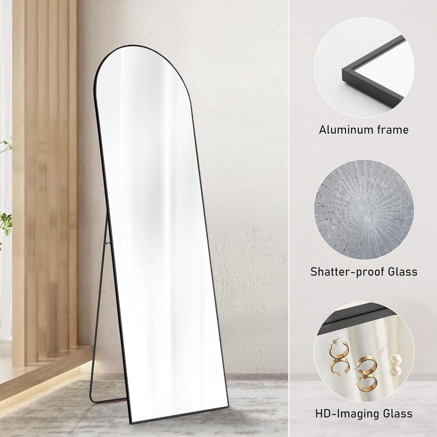 Sweetcrispy Arched Full Length Mirror 64"x21" Full Body Floor Mirror Standing Hanging or Leaning Wall, Large Arch Wall Mirror with Stand Aluminum Alloy Thin Frame for Bedroom Cloakroom, Black
