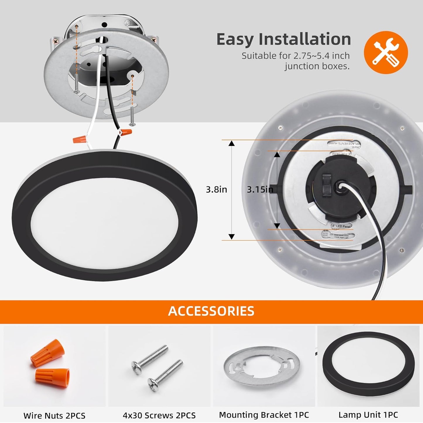 Hlite 7.5 Inch Flush Mount LED Ceiling Light with Night Light, CRI90, 15W, 1500 LM, 3000K/4000K/5000K Selectable, Flat Round LED Ceiling Light, Dimmable Bedroom Lights for Ceiling, Black(1Pack)