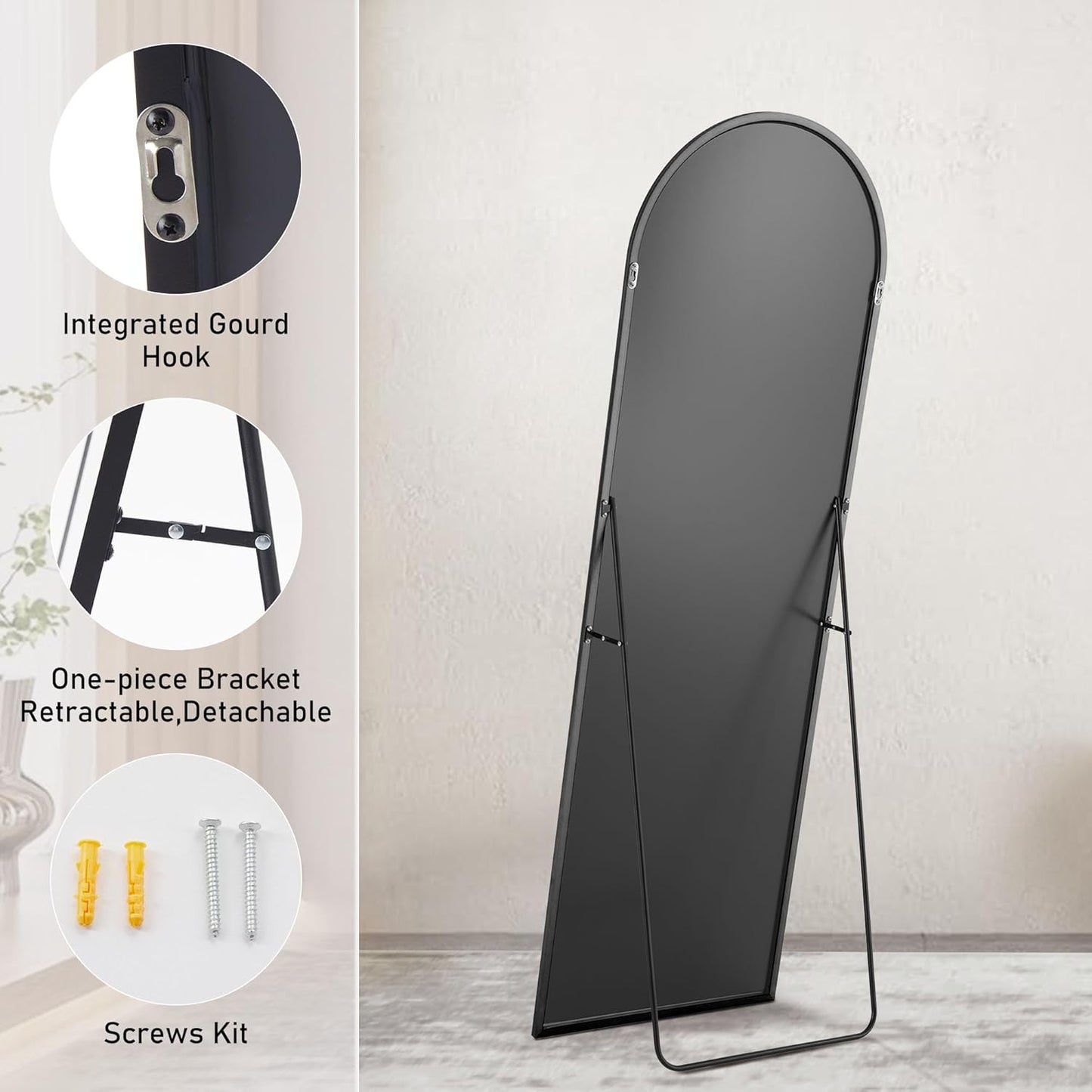 Sweetcrispy Arched Full Length Mirror 64"x21" Full Body Floor Mirror Standing Hanging or Leaning Wall, Large Arch Wall Mirror with Stand Aluminum Alloy Thin Frame for Bedroom Cloakroom, Black