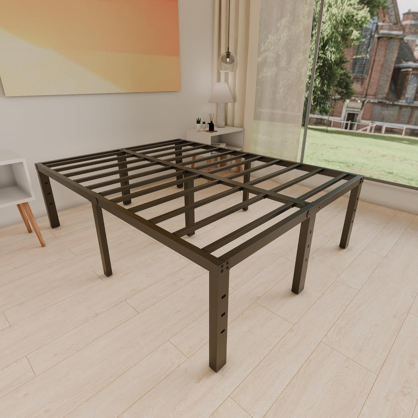 18 Inch QUEEN Metal Bed Frame, No Box Spring Needed - Easy Assembly Heavy Duty Noise Free Narrow Bedframes - Double Black Basic Steel Slats Platform with Storage - Retail $57