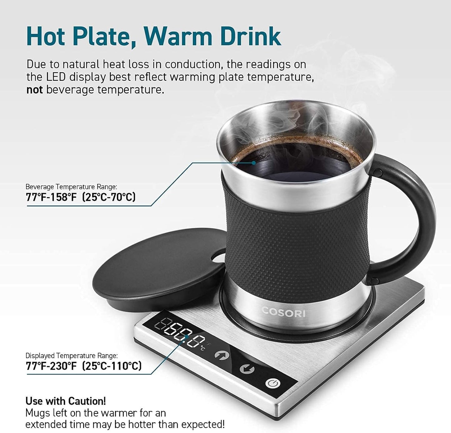 COSORI Coffee Mug Warmer & Mug Set for Desk, Cup Heater, Office & Christmas Gifts, 1Β°F Precise Temperature Control, Touch Tech & LCD Digital Display (77-194β), 304 Stainless Steel, Silver/Black