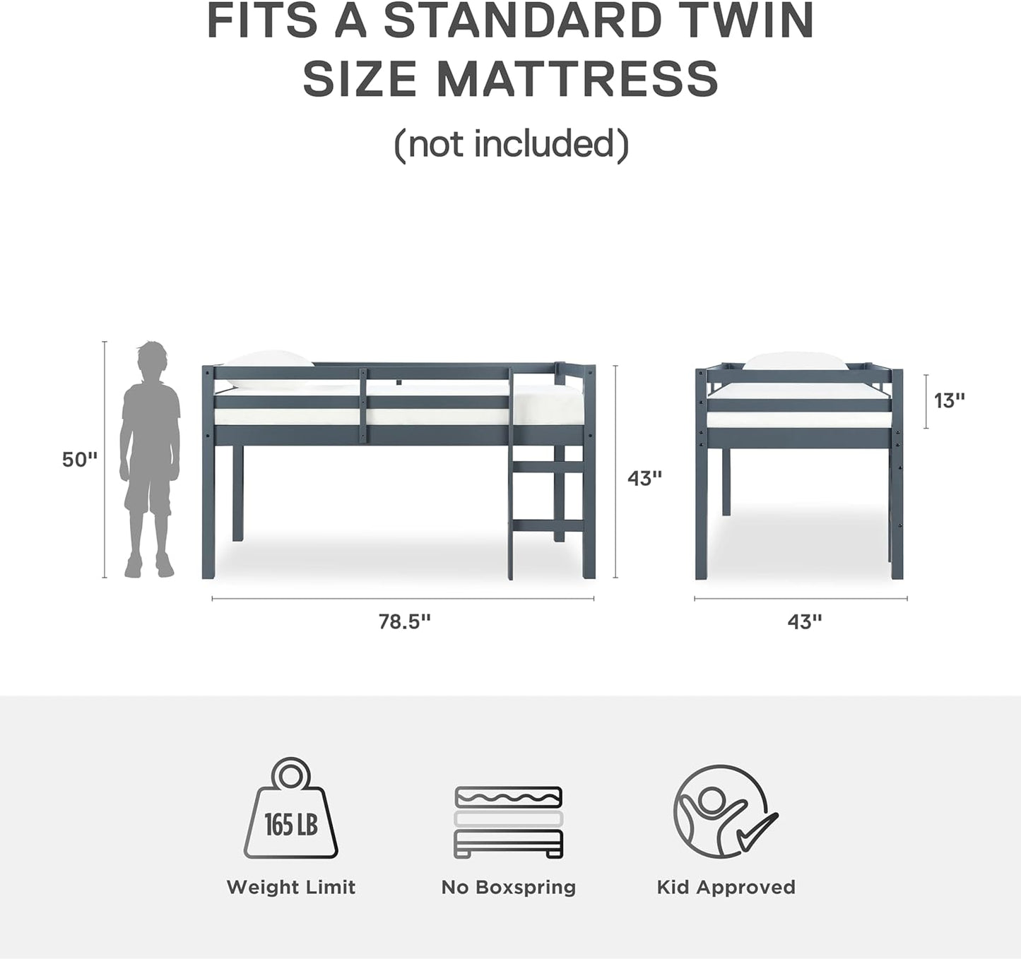 NEW - DHP Milton Junior Twin Loft Bed, Grey - Retail $148