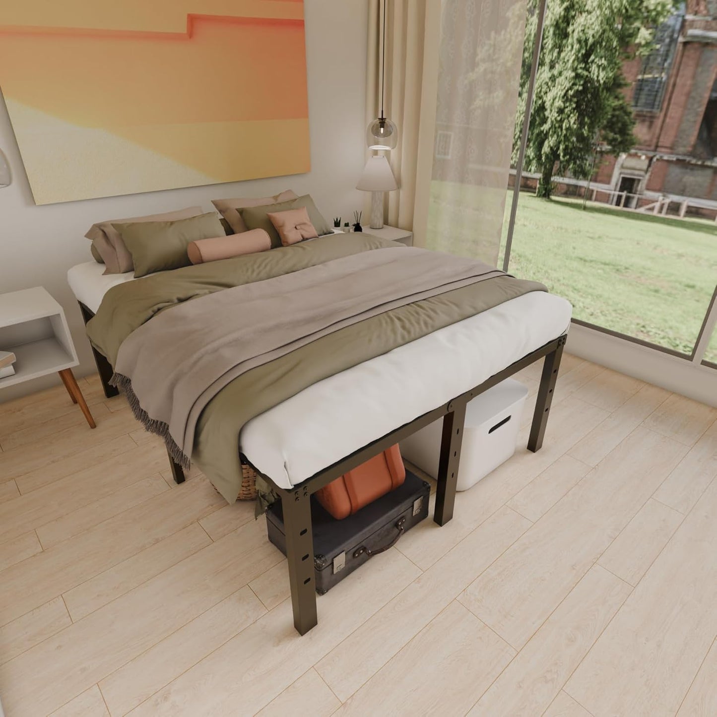18 Inch QUEEN Metal Bed Frame, No Box Spring Needed - Easy Assembly Heavy Duty Noise Free Narrow Bedframes - Double Black Basic Steel Slats Platform with Storage - Retail $57