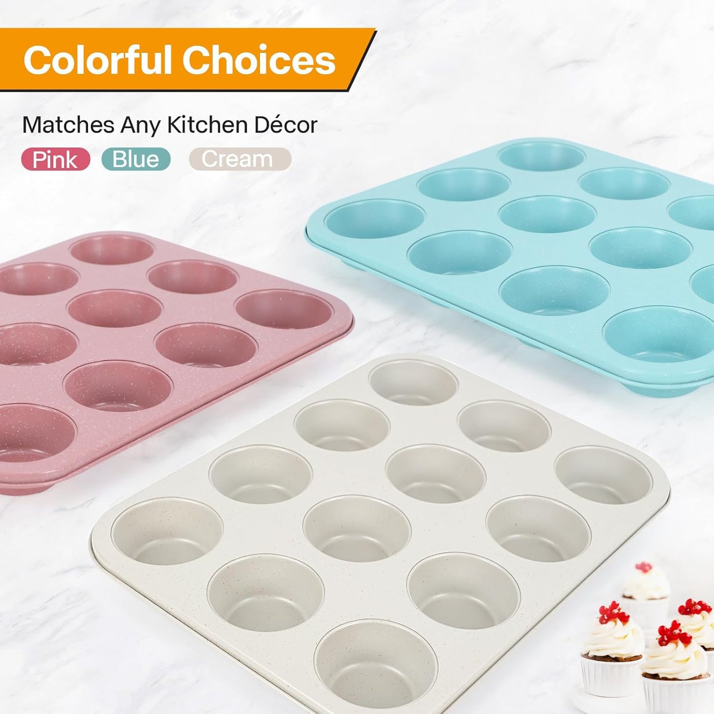 2-Pack Healthy Baking Cupcake Pan| Non Stick 12-Cup Muffin Pan | Durable & Easy Clean Muffin Tin | Perfect for Cupcakes, Muffins (Beige)