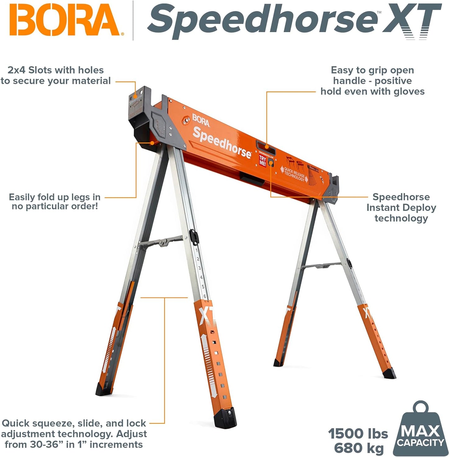 NEW - Bora 30 in. to 36 in. Steel Speed Horse XT Sawhorse (2-Pack) - Retail $199