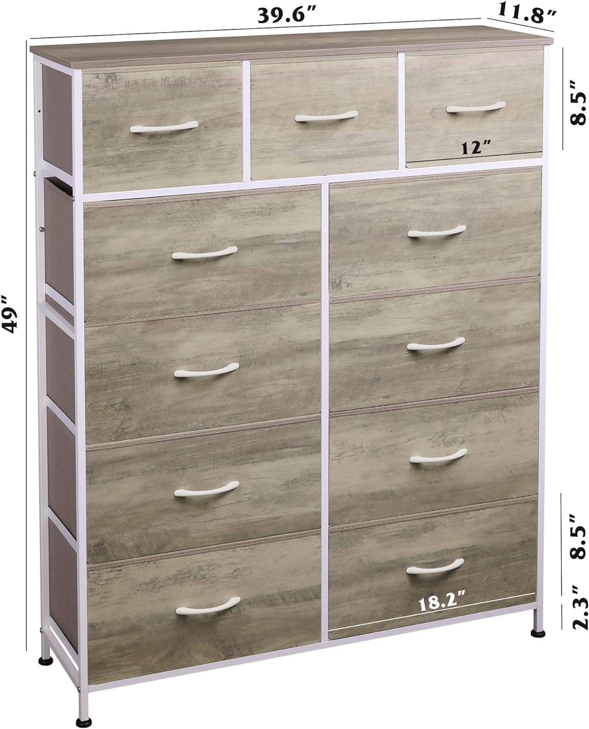 NEW - WLIVE 11-Drawer Dresser, Fabric Storage Tower for Bedroom, Hallway, Closets, Tall Chest Organizer Unit with Textured Print Fabric Bins, Steel Frame, Wood Top, Easy Pull Handle, Greige Oak - Retail $86