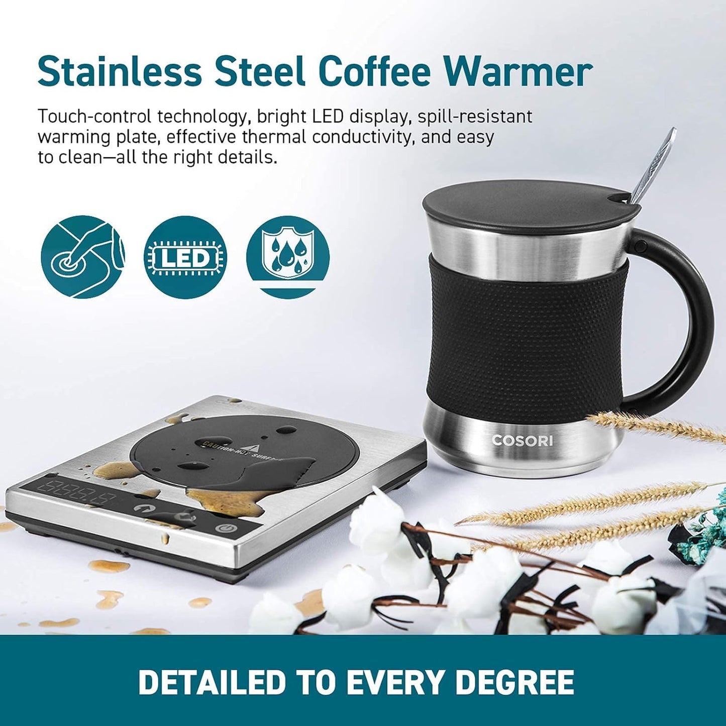 COSORI Coffee Mug Warmer & Mug Set for Desk, Cup Heater, Office & Christmas Gifts, 1Β°F Precise Temperature Control, Touch Tech & LCD Digital Display (77-194β), 304 Stainless Steel, Silver/Black