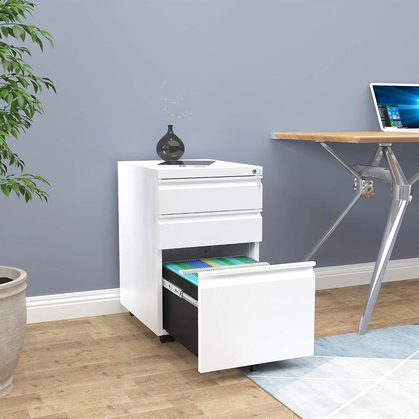 YITAHOME 3-Drawer Mobile File Cabinet with Lock, Office Storage Filing Cabinet for Legal/Letter Size, Pre-Assembled Metal File Cabinet Except Wheels Under Desk -White - Retail $142