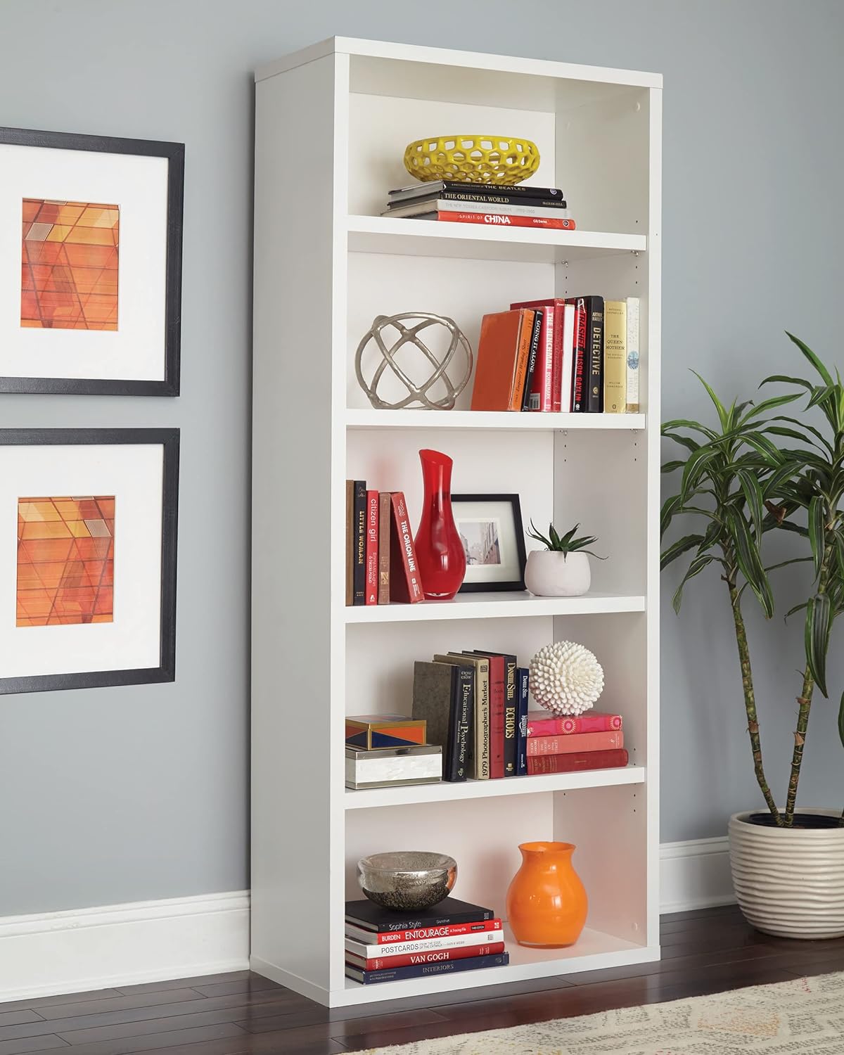 NEW - ClosetMaid Bookshelf with 5 Shelf Tiers, Adjustable Shelves, Tall Bookcase Sturdy Wood with Closed Back Panel, White Finish - Retail $181