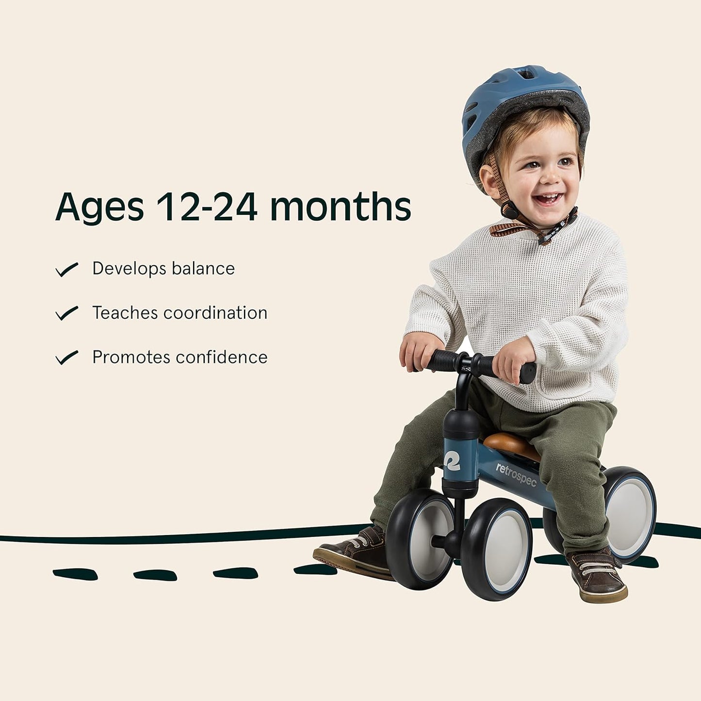 NEW - Retrospec Cricket Baby Walker Balance Bike with 4 Wheels for Ages 12-24 Months - Toddler Bicycle Toy for 1 Year Old’s - Ride On Toys for Boys and Girls - One Size,Eggshell - Retail $49