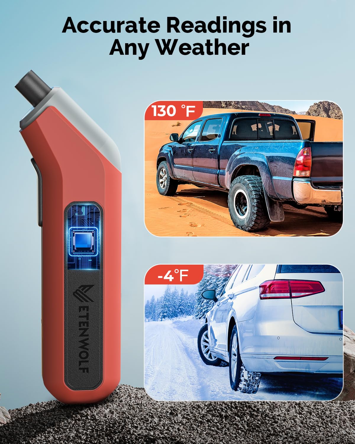 ETENWOLF T300 Plus Tire Pressure Gauge 200 PSI, Digital Tire Gauge with Bright LED Display, Tire Gauges for Tire Pressure with Presta Valve Adaptor (Vivid Orange)