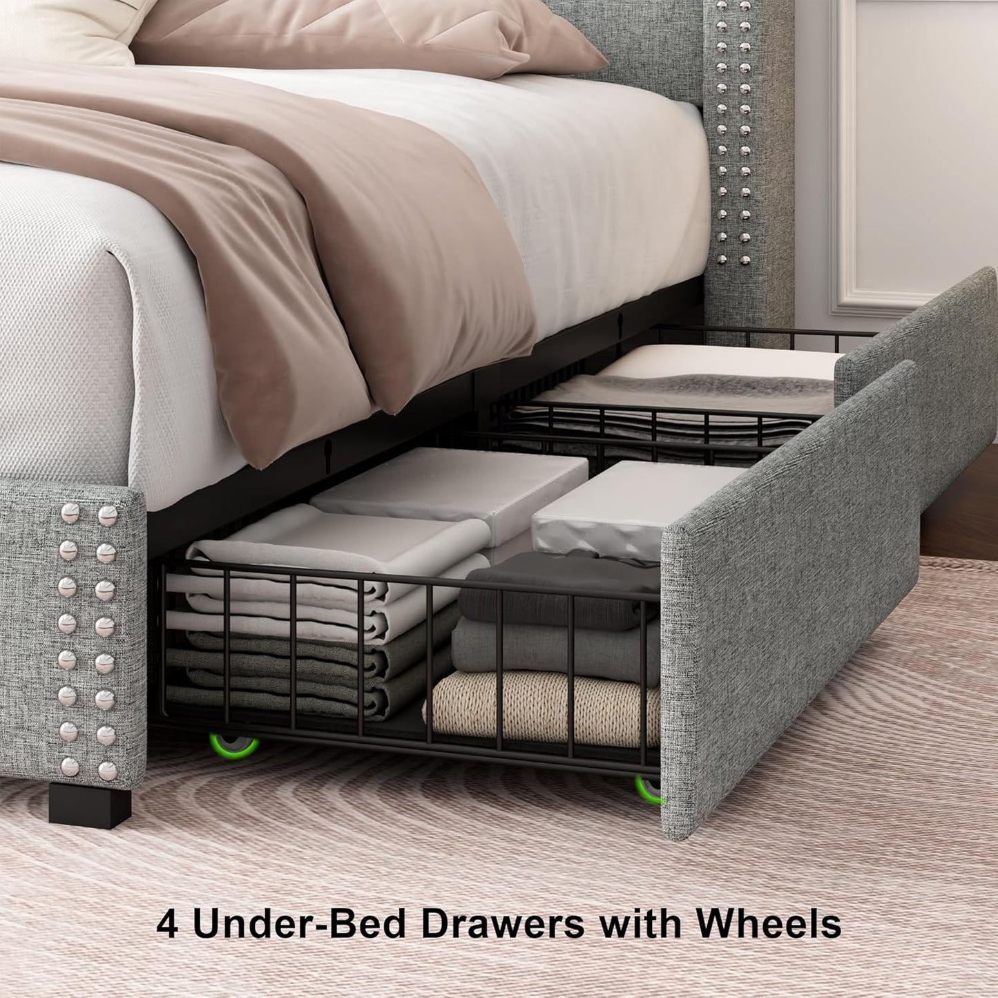Feonase Full Size Bed Frame with 4 Storage Drawers, Upholstered Platform Bed with Charging Station & Wingback Headboard, Solid Wood Slats Support, No Box Spring Needed, Noise-Free, Light Gray