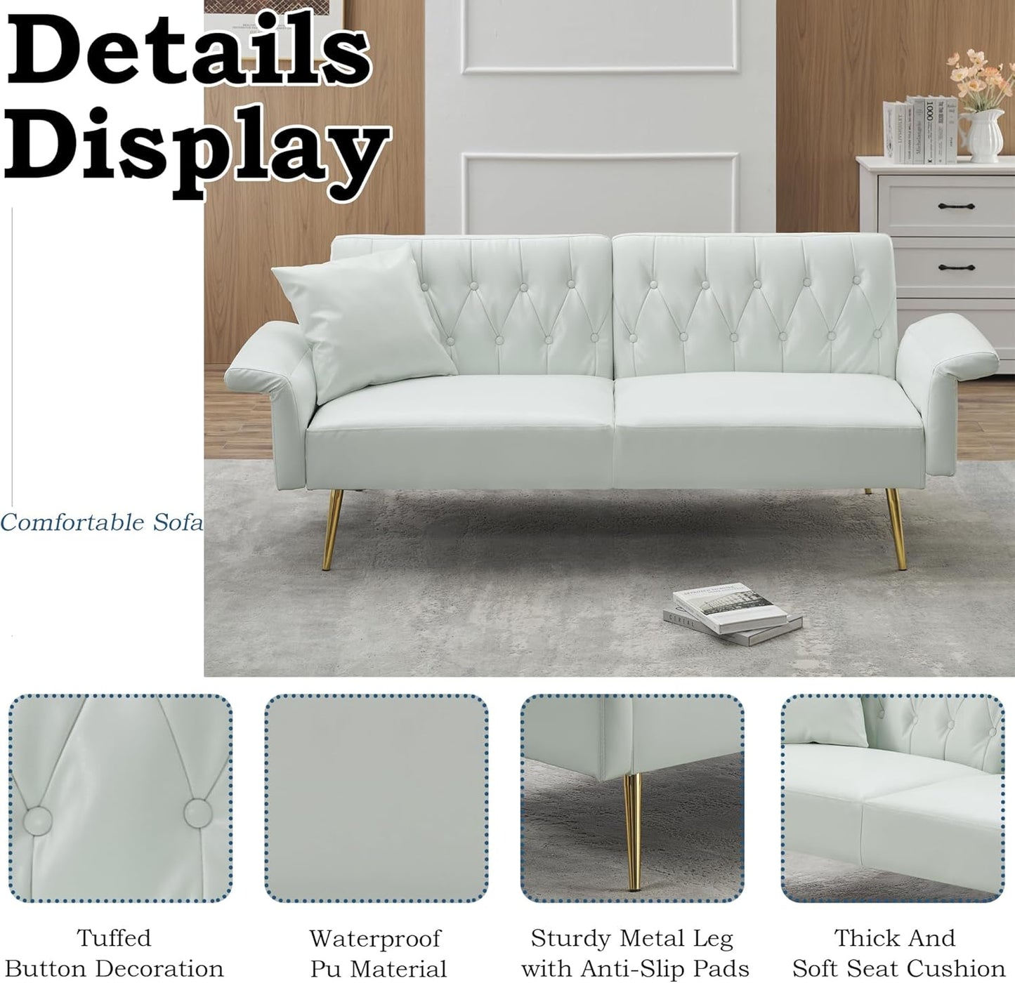 NEW - Elevon Futon Couch, Convertible Futon Sofa Bed, Faux Leather Folding Recliner Sleeper, Modern Lounge Sofa with Adjustable Armrests and Pillow for Living Room, Small Space, Office, Apartment, White - Retail $270