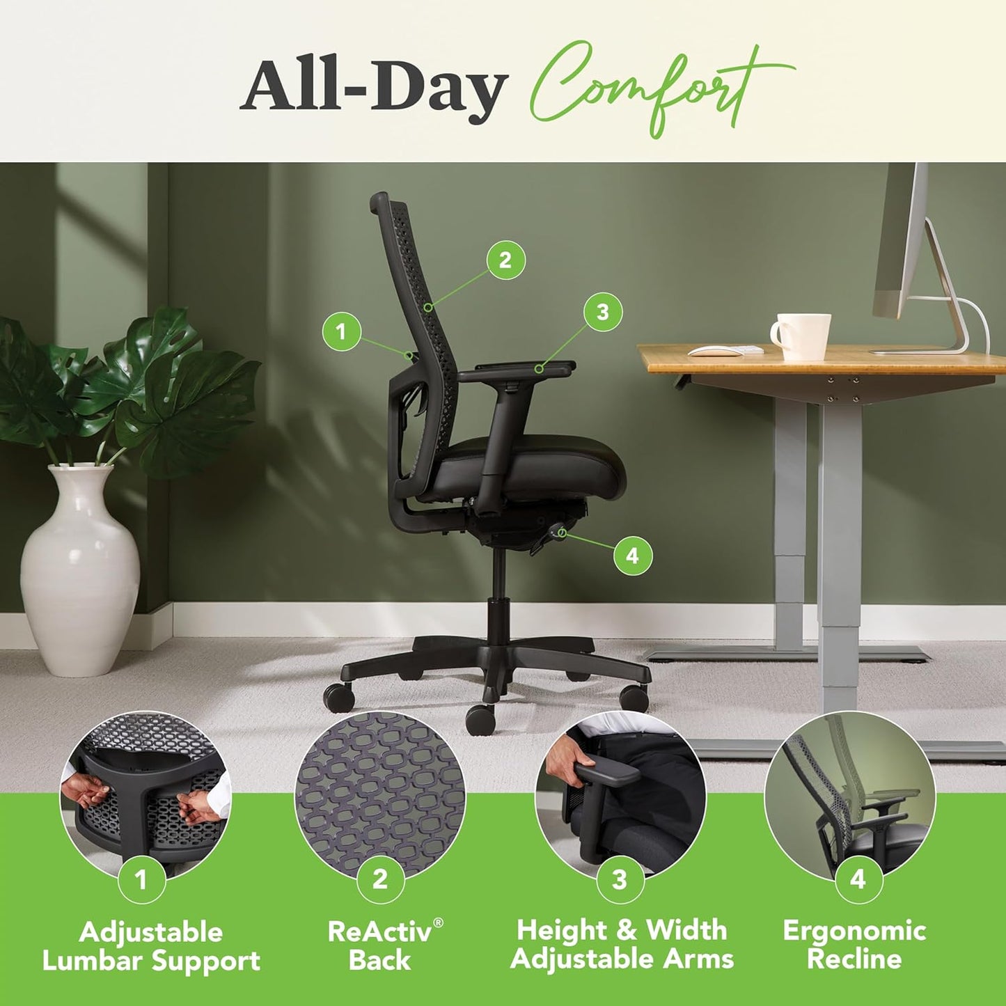WHITE - HON Ignition 2.0 ReActiv Ergonomic Office Chair, Synchro-Tilt Recline, Breathable Flex Back, Swivel Wheels, Comfortable Desk Chair for Long Hours