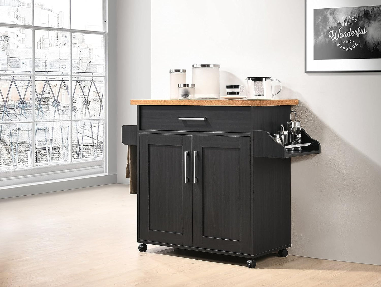 Hodedah Kitchen Island with Spice Rack, Towel Rack & Drawer, Black with Beech Top - Retail $95