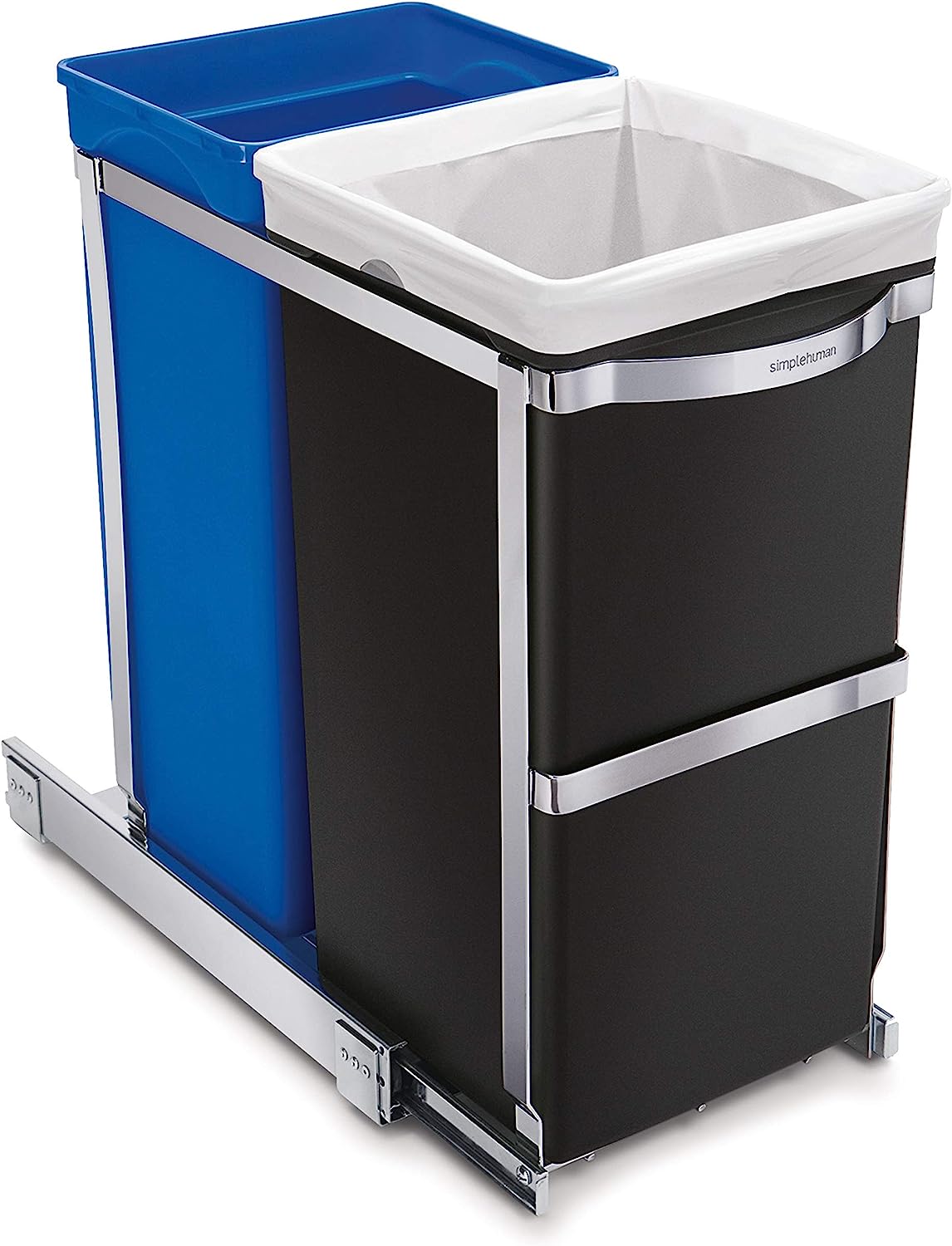 NEW - simplehuman 35 Liter / 9.3 Gallon Dual Compartment Under Counter Kitchen Cabinet Pull-Out Recycling Bin and Trash Can, Chrome - Retail $79