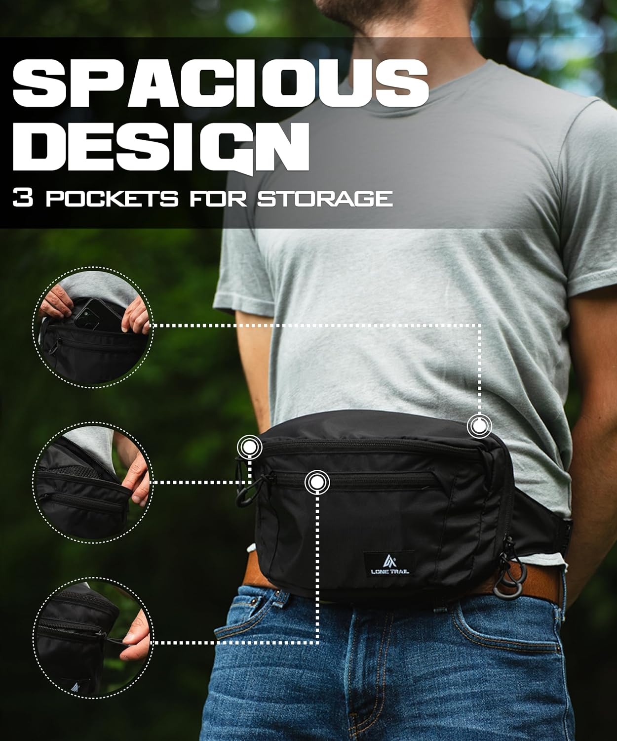 Lone Trail Large Concealed Carry Fanny Pack for Men | Adjustable ccw fanny pack for Men & Women for Hiking and Travel, Quick Access Back Pockets - Tactical Waist Packs - Utility Holder & Extra Strap