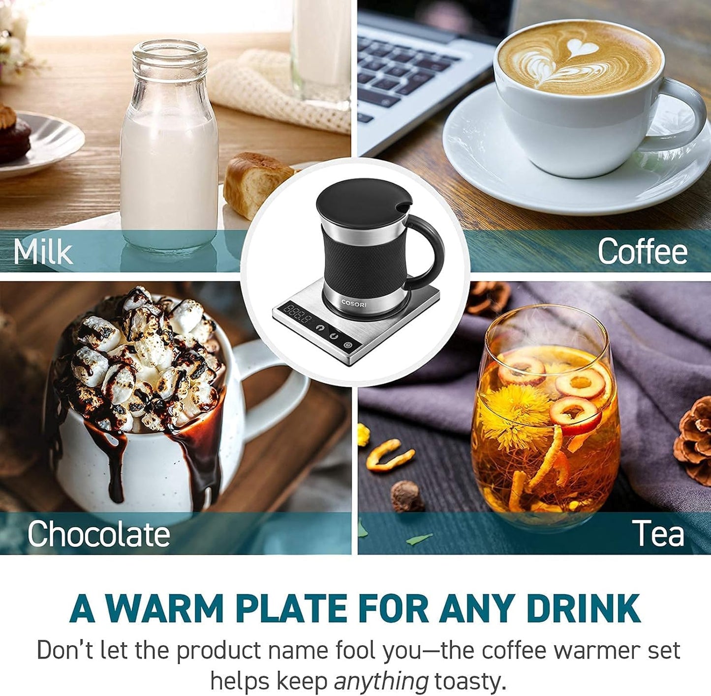 COSORI Coffee Mug Warmer & Mug Set for Desk, Cup Heater, Office & Christmas Gifts, 1Β°F Precise Temperature Control, Touch Tech & LCD Digital Display (77-194β), 304 Stainless Steel, Silver/Black