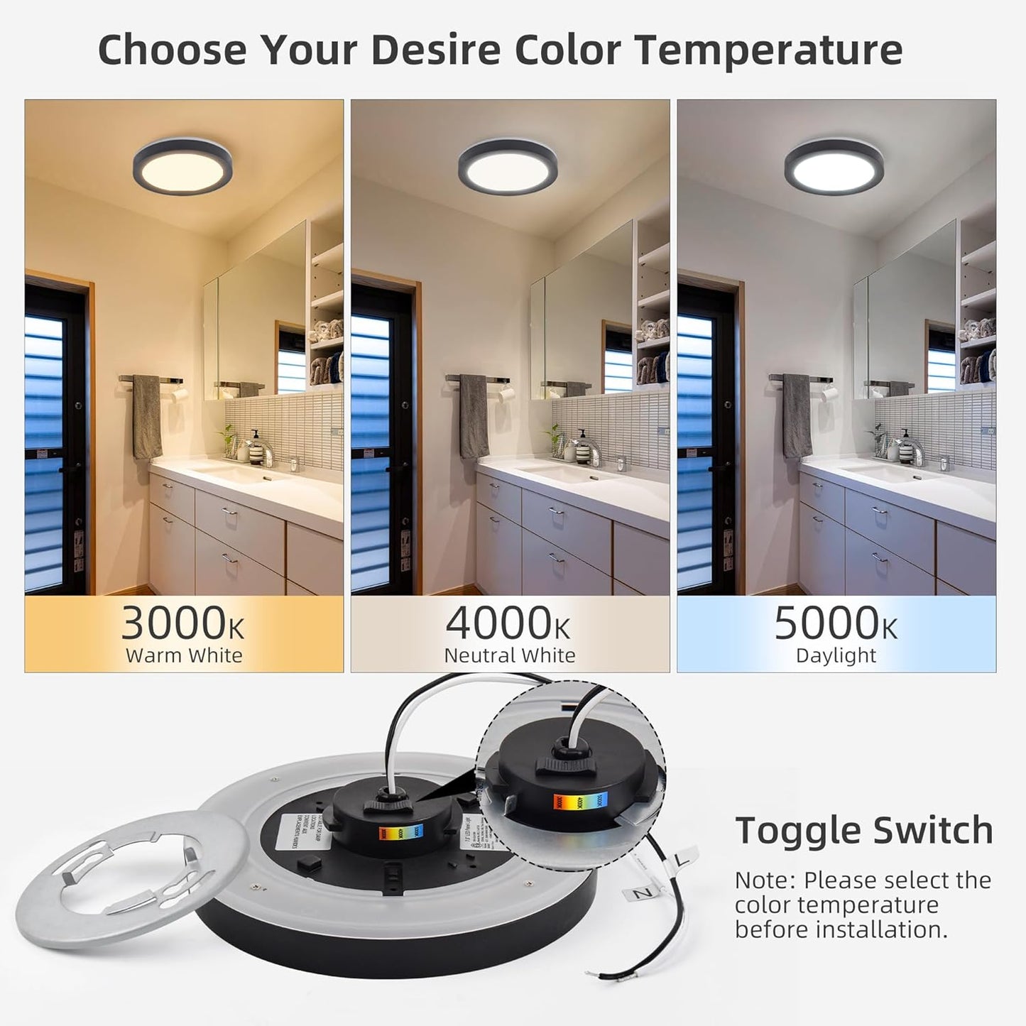 Hlite 7.5 Inch Flush Mount LED Ceiling Light with Night Light, CRI90, 15W, 1500 LM, 3000K/4000K/5000K Selectable, Flat Round LED Ceiling Light, Dimmable Bedroom Lights for Ceiling, Black(1Pack)