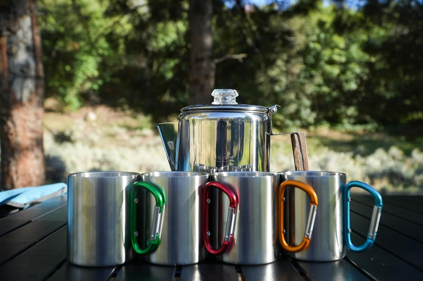 9-Cup Coffee Percolator Set with 4 Mugs – Stainless Steel Camping Coffee Pot,
