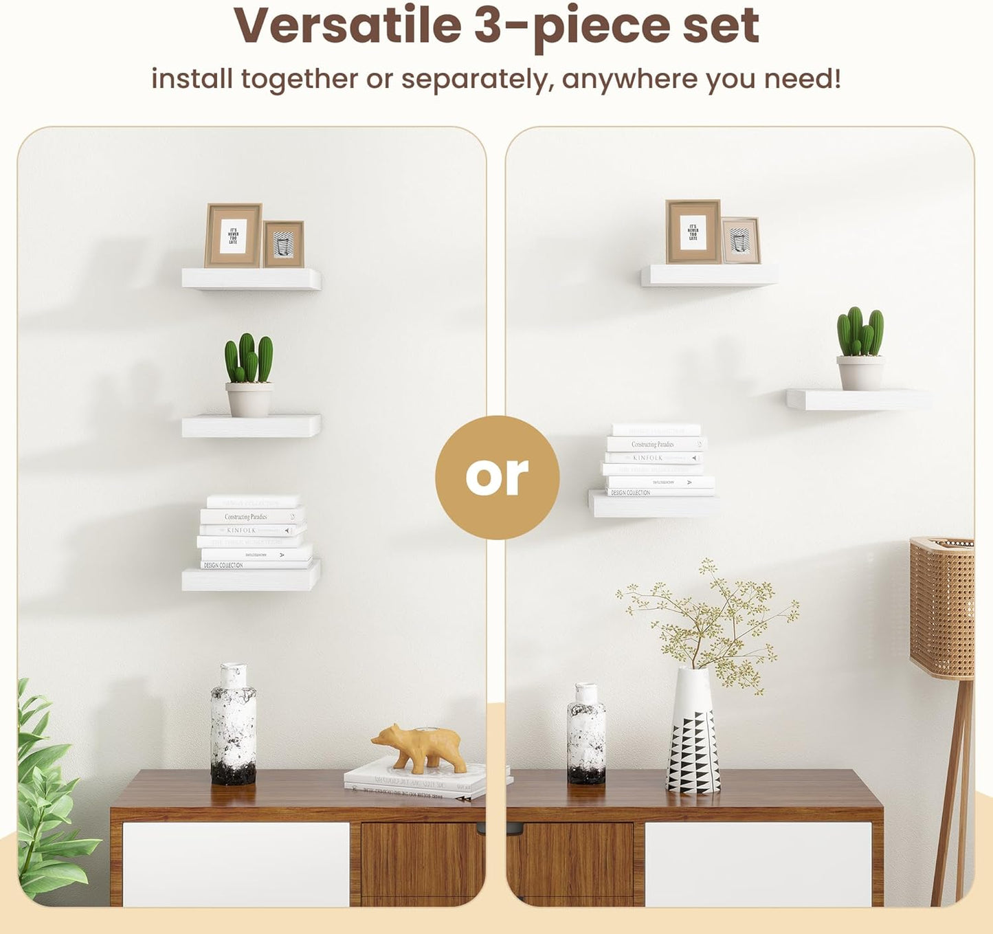 Fun Memories Floating Shelves for Wall Set of 3 - 12 Inch Square Shelves with Invisible Brackets, Small Wall Shelf for Living Room, Bathroom, Bedroom, and Kitchen Decor,Set of 3
