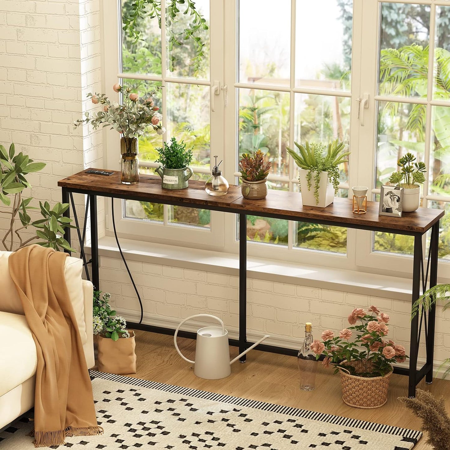 NEW - SUPERJARE 70 Inch Console Table with 2 Outlet and 2 USB Ports, Extra Long Entryway Table with Metal Frame and X-Shaped Design, Narrow Sofa Table for Living Room and Hallway - Rustic Brown - Retail $89