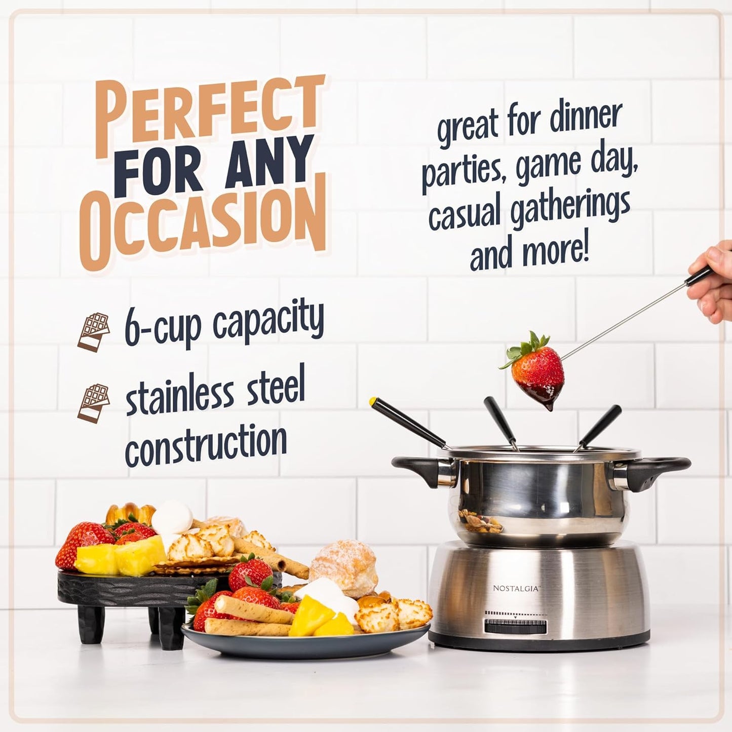 Nostalgia 6-Cup Electric Fondue Pot Set for Cheese & Chocolate - 6 Color-Coded Forks, Adjustable Temperature Control - Stylish Serving for Hors d'Oeuvres, Entrees, and Desserts - Stainless Steel - Retail $37