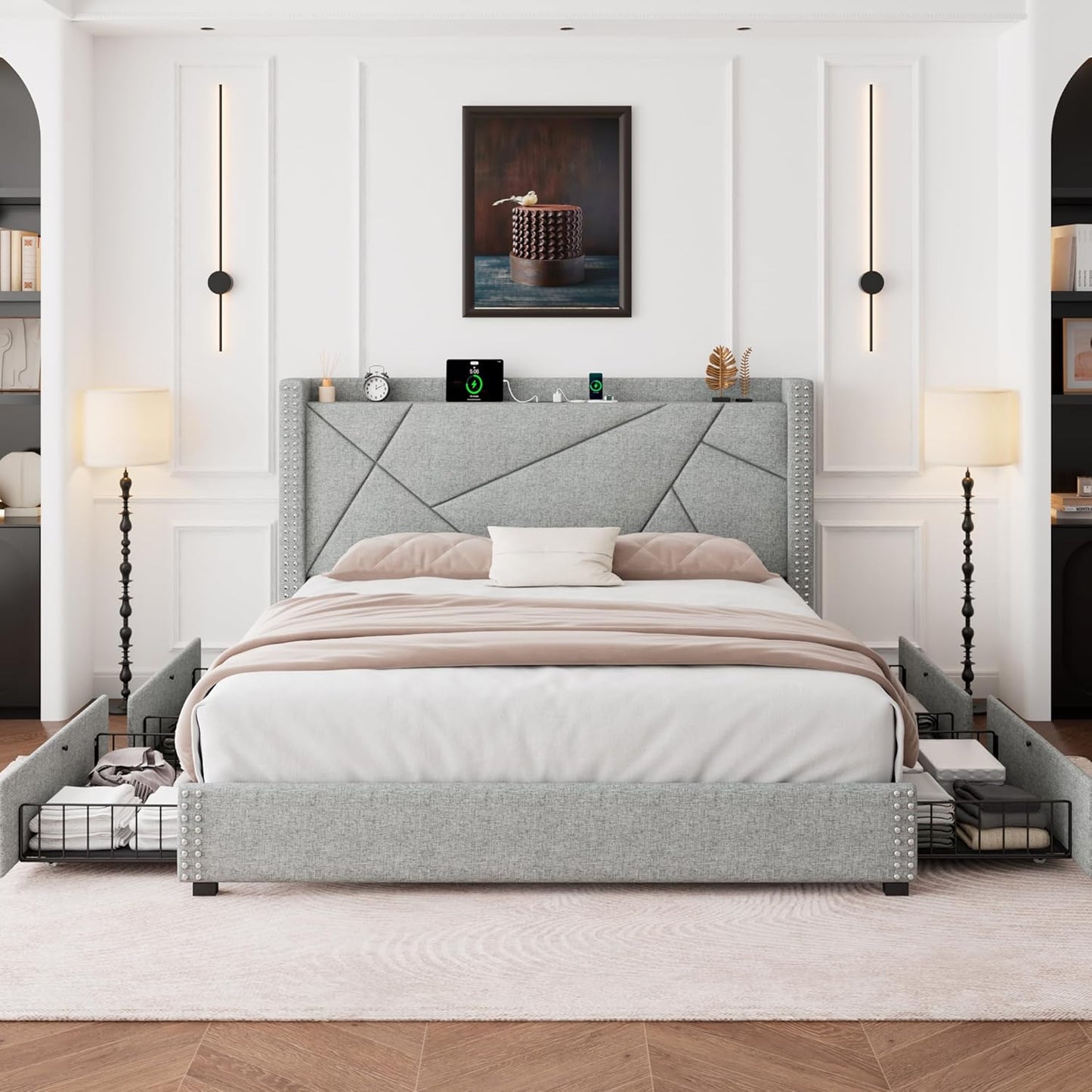Feonase Full Size Bed Frame with 4 Storage Drawers, Upholstered Platform Bed with Charging Station & Wingback Headboard, Solid Wood Slats Support, No Box Spring Needed, Noise-Free, Light Gray