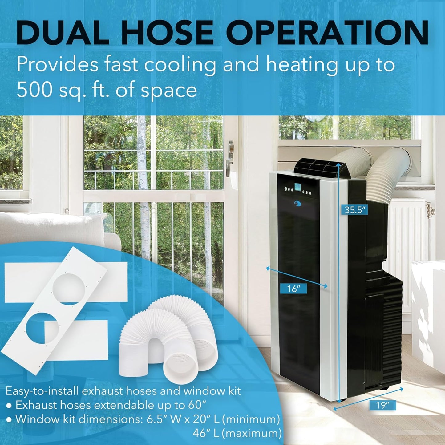 NEW - Whynter Air Conditioner 14,000 Portable Heater with Dual Hose Dehumidifier & Cooling Fan for 500 Sq Ft Rooms, Includes AC Unit Window Kit, ARC-14SH (9,200 BTU SACC), Platinum/Black - Retail $579