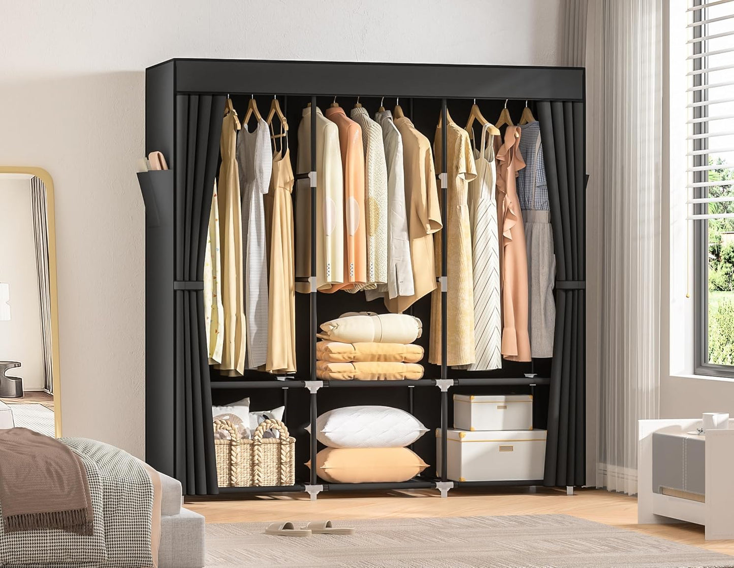 Wardrobe Closet,Portable Closets for Hanging Clothes,Free Standing Clothes Rack with Cover & 3 Hanging rods & 6 Storage Shelves & 2 Side Pockets