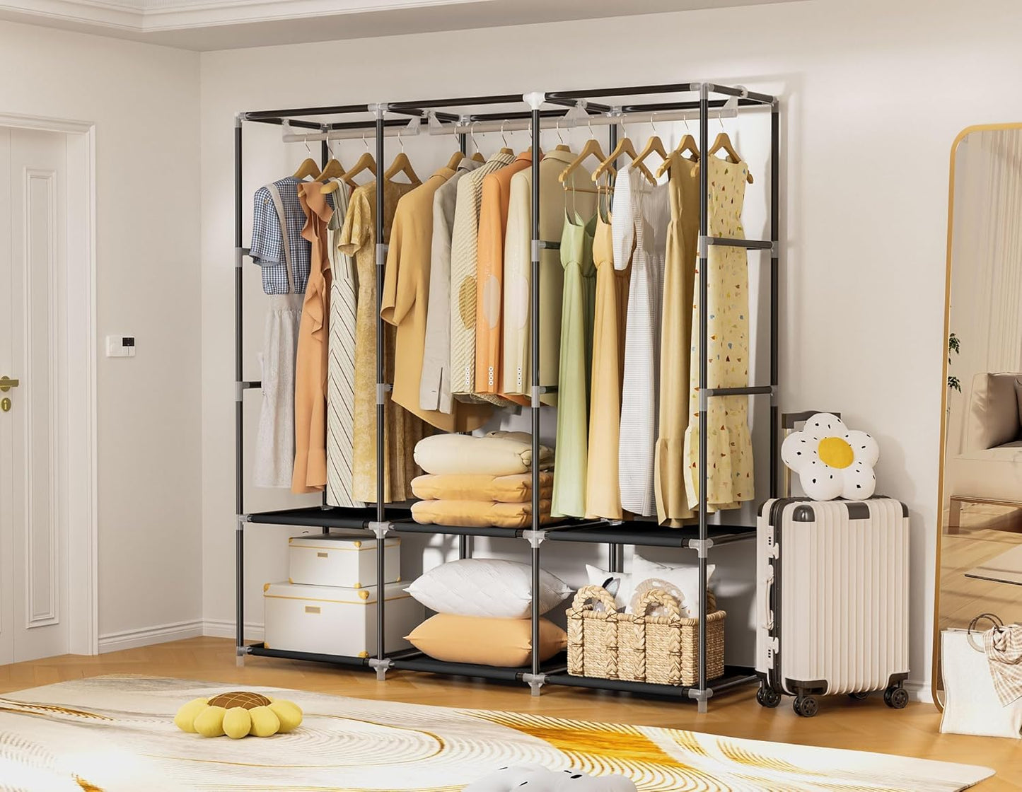 Wardrobe Closet,Portable Closets for Hanging Clothes,Free Standing Clothes Rack with Cover & 3 Hanging rods & 6 Storage Shelves & 2 Side Pockets