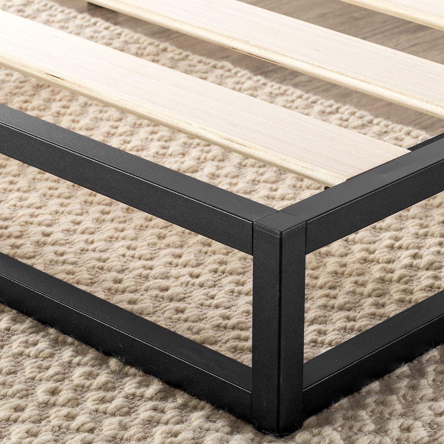 NEW - Mellow Modernista Low Profile TWIN 6 Inch Metal Platform Bed Frame with Classic Wooden Slat Support Mattress Foundation (No Box Spring Needed), Black - Retail $94