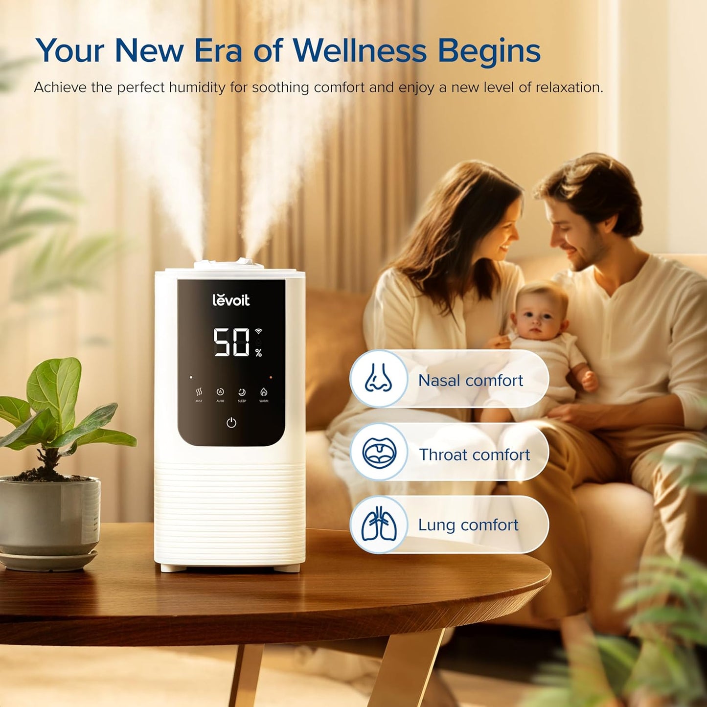 NEW - LEVOIT Humidifiers for Bedroom Home, Smart Warm and Cool Mist Air Humidifier for Large Room, Auto Customized Humidity, Fast Symptom Relief, Easy Top Fill, Essential Oil, Quiet, OasisMist4.5L, White